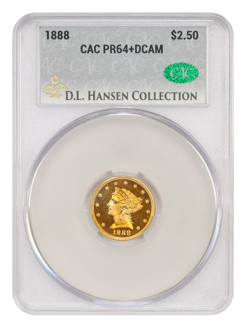 1888 Liberty Head $2.50 Gold Coin CACG PR64+DCAM ex D.L. Hansen: 1888 Liberty Head $2.50 Gold Coin CACG PR64+DCAM ex D.L. Hansen 1888 Liberty Head $2.50 proof coin certified by CACG as PR64+DCAM. Minted in Philadelphia, this uncirculated example is ex: D.L. Hansen 
