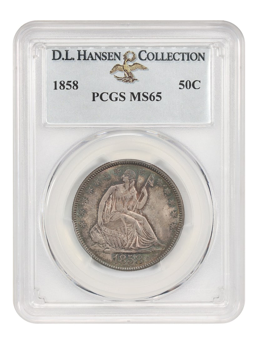 1858 Liberty Seated Half Dollar 50C PCGS MS65: 1858 Liberty Seated Half Dollar 50C PCGS MS65 1858 Liberty Seated Half Dollar certified by PCGS in MS65 grade. This uncirculated example is described as a common-date No Motto type option, with PCGS r