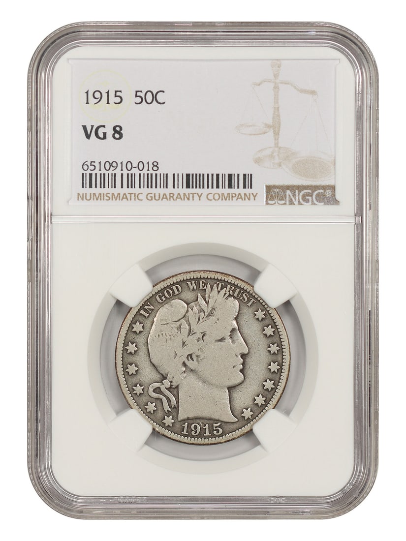 NGC VG08 1915 Barber Half Dollar 50C Philadelphia Low Mintage: NGC VG08 1915 Barber Half Dollar 50C Philadelphia Low Mintage 1915 Barber Half Dollar graded NGC VG08. This circulated Philadelphia issue is a key low-mintage date in the Barber half series, with a mi
