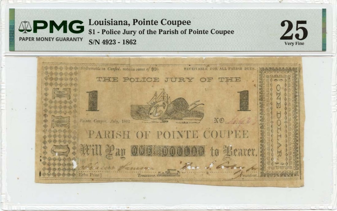 PMG VF25 1862 Parish of Pointe Coupee Louisiana Obsolete $1 Note: PMG VF25 1862 Parish of Pointe Coupee Louisiana Obsolete $1 Note 1862 Parish of Pointe Coupee, Louisiana obsolete note graded PMG VF25. This pre-owned note is a circulated example from the United Stat