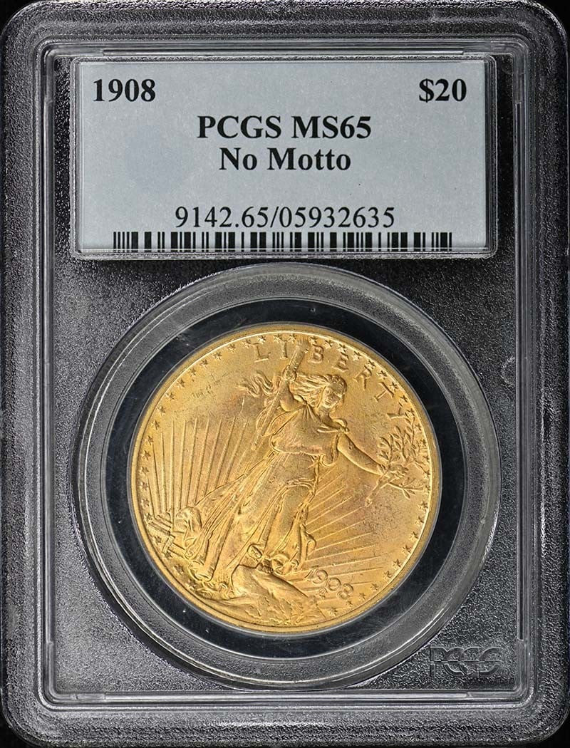 1908 Saint Gaudens Twenty Dollar Gold Coin PCGS Graded MS65: 1908 Saint Gaudens Twenty Dollar Gold Coin PCGS Graded MS65 This 1908 $20 Saint Gaudens gold coin features the No Motto design and has been graded MS65 by PCGS. It was minted in Philadelphia and remai