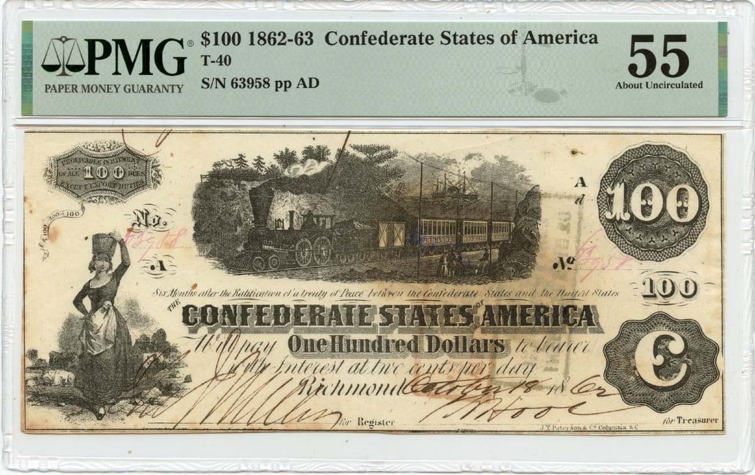 PMG AU55 1862 Confederate States of America T-40 $100 Note: PMG AU55 1862 Confederate States of America T-40 $100 Note 1862 Confederate States of America T-40 $100 note certified by PMG and graded AU55. This pre-owned, circulated note is an original collectibl