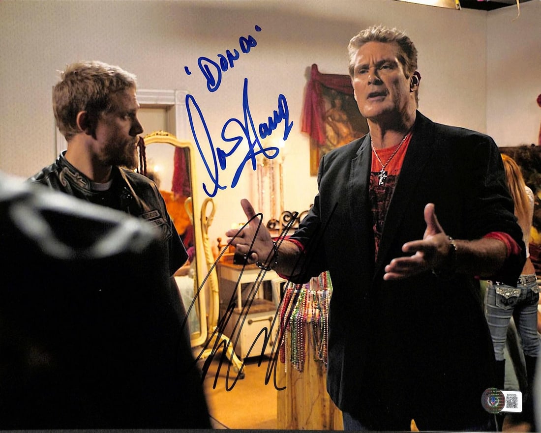 11x14 Beckett authenticated photo signed by Hunnam and Hasselhoff: 11x14 Beckett authenticated photo signed by Hunnam and Hasselhoff This 11x14 photograph features the signatures of both Charlie Hunnam and David Hasselhoff. The image captures the two actors together 
