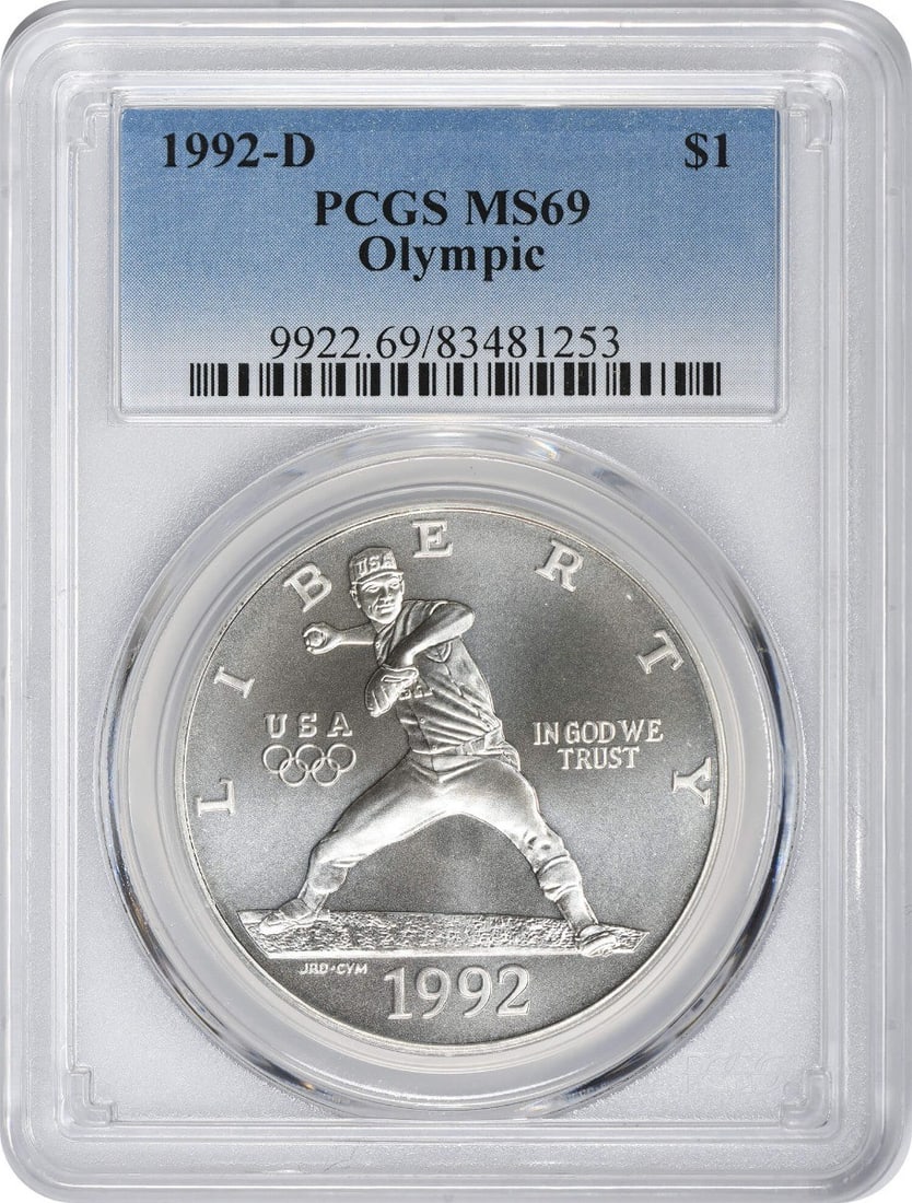 PCGS MS69 1992-D Olympic Silver Commemorative Dollar: PCGS MS69 1992-D Olympic Silver Commemorative Dollar 1992-D Olympic Silver Commemorative Dollar graded MS69 by PCGS. This uncirculated United States commemorative coin is a pre-owned example struck in
