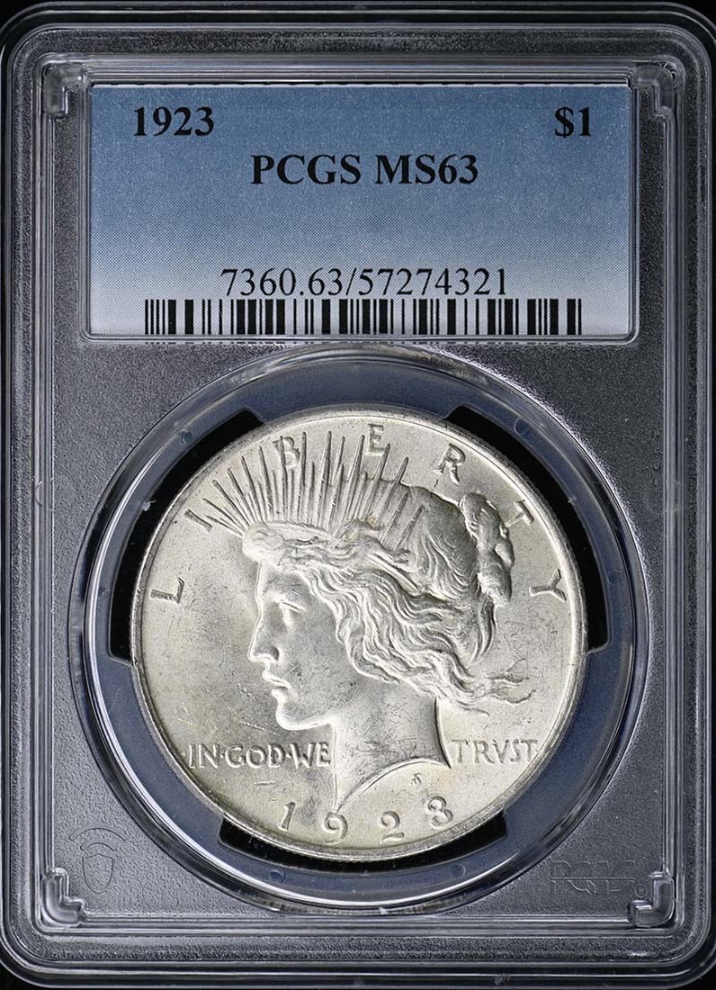 PCGS MS63 Graded 1923 Peace Silver Dollar Coin: PCGS MS63 Graded 1923 Peace Silver Dollar Coin This 1923 Peace Dollar is certified by PCGS with a grade of MS63, indicating its uncirculated condition. Minted in Philadelphia, this pre-owned coin is a