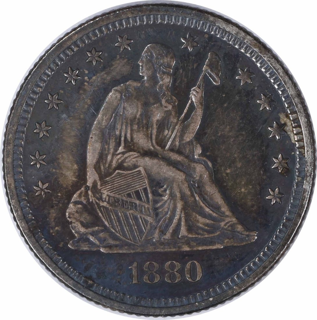 1880 Seated Liberty 25C Silver Coin AU Uncertified: 1880 Seated Liberty 25C Silver Coin AU Uncertified 1880 Liberty Seated silver quarter in AU grade. This uncertified, pre-owned coin is a circulated example of the 25C Seated Liberty issue from the Uni