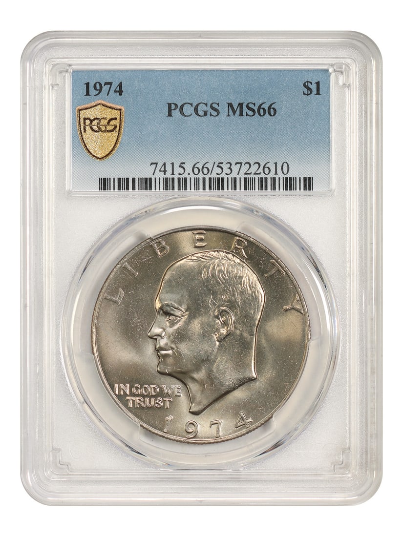 1974 Eisenhower Dollar $1 PCGS MS66 Philadelphia: 1974 Eisenhower Dollar $1 PCGS MS66 Philadelphia 1974 Ike Dollar certified by PCGS in MS66 grade. This uncirculated $1 coin is a pre-owned example. Specifications Denomination: $1 Year: 1974 Mint Loca