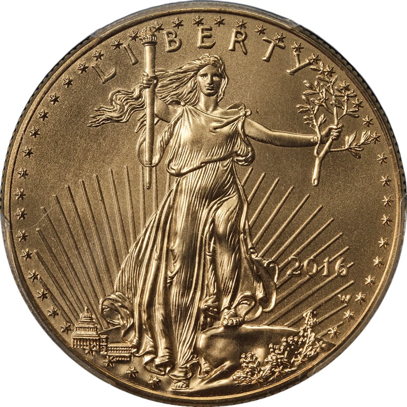 PCGS SP69 2016-W Gold American Eagle Reagan Legacy Series: PCGS SP69 2016-W Gold American Eagle Reagan Legacy Series This is a 2016-W Gold American Eagle $50 coin from the Reagan Legacy Series, graded SP69 by PCGS. The coin features a burnished finish and is 