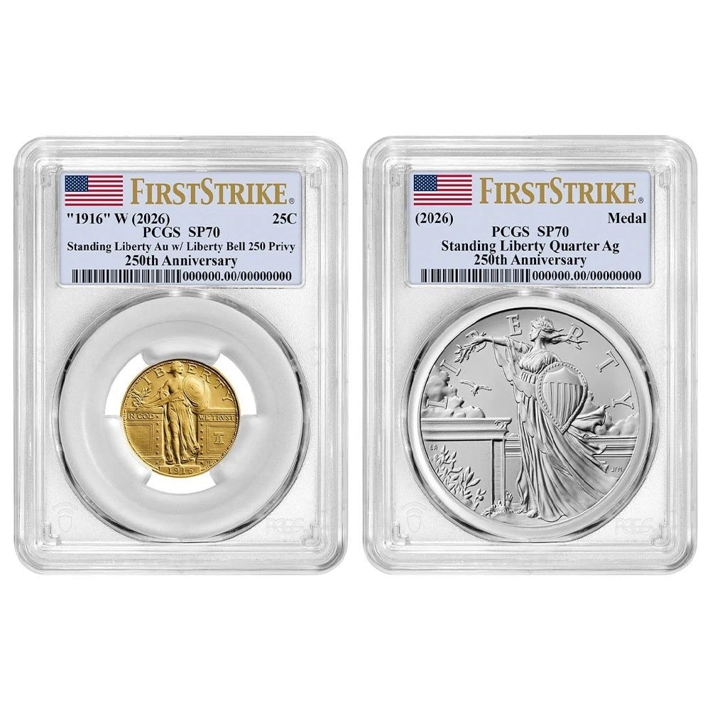 PCGS First Strike 2026-W Standing Liberty gold quarter SP70 silver medal: PCGS First Strike 2026-W Standing Liberty gold quarter SP70 silver medal A 2026-W Standing Liberty Quarter Gold Coin and Silver Medal set, certified by PCGS and graded SP70/MS70. The coin is composed 