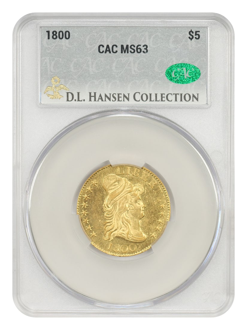 1800 Draped Bust Half Eagle $5 Gold Coin CACG MS63 ex D.L. Hansen: 1800 Draped Bust Half Eagle $5 Gold Coin CACG MS63 ex D.L. Hansen 1800 Draped Bust $5 gold coin, certified MS63 by CACG and pedigreed ex: D.L. Hansen. This uncirculated example is bested by less than 