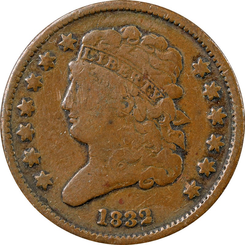 1832 United States Copper Half Cent Circulated Coin: 1832 United States Copper Half Cent Circulated Coin This is a circulated 1832 Half Cent coin from the United States, composed of copper. The coin is pre-owned and uncertified. Specifications Coin type