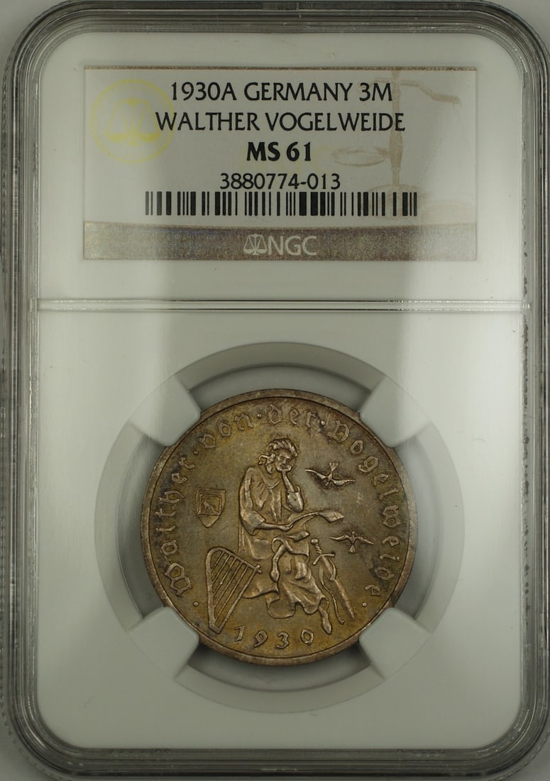 1930-A German 3 Mark Silver Coin NGC MS-61 Walther von Vogelweide: 1930-A German 3 Mark Silver Coin NGC MS-61 Walther von Vogelweide This 1930-A Germany Three Mark silver coin features Walther Vogelweide and is certified by NGC with a grade of MS-61. The coin is unci