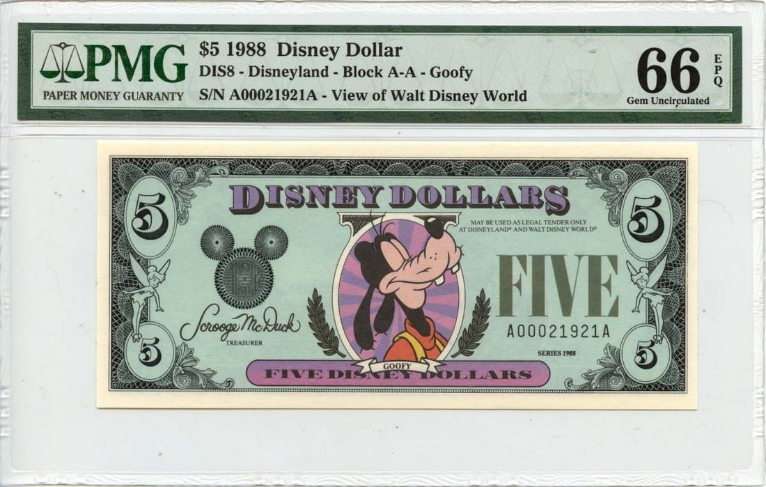 PMG MS66 1988 $5 Goofy Disney Dollar Walt Disney World Note (1 of 2)