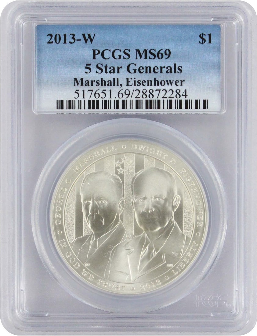 PCGS MS69 2013-W 5-Star Generals Silver Commemorative Dollar: PCGS MS69 2013-W 5-Star Generals Silver Commemorative Dollar 2013-W 5-Star Generals Silver Commemorative Dollar graded MS69 by PCGS. This uncirculated United States silver commemorative dollar is desi