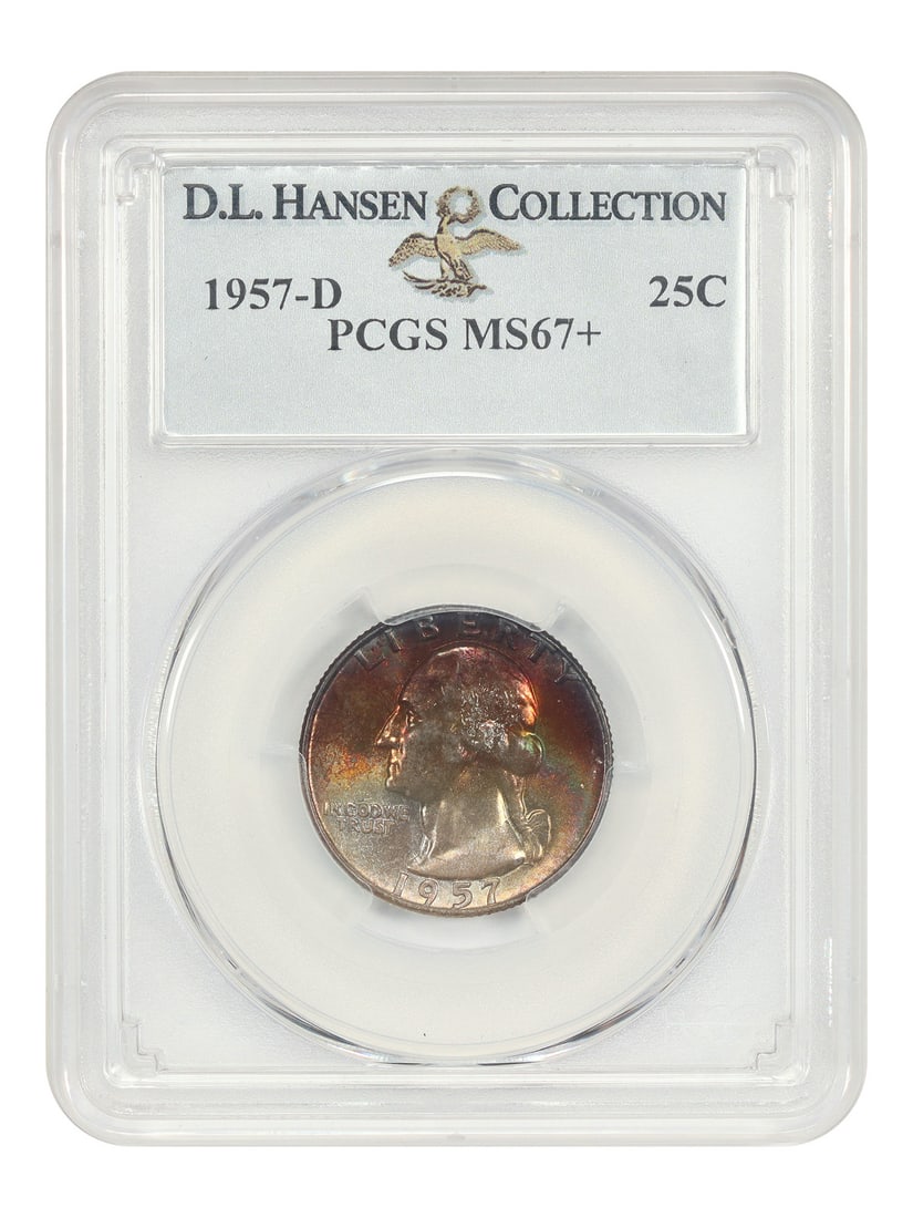 Washington Quarter 1957-D 25C PCGS MS67+ ex D.L. Hansen: Washington Quarter 1957-D 25C PCGS MS67+ ex D.L. Hansen 1957-D Washington Quarter certified by PCGS as MS67+ and presented in a protective holder. This uncirculated example is noted as ex: D.L. Hansen