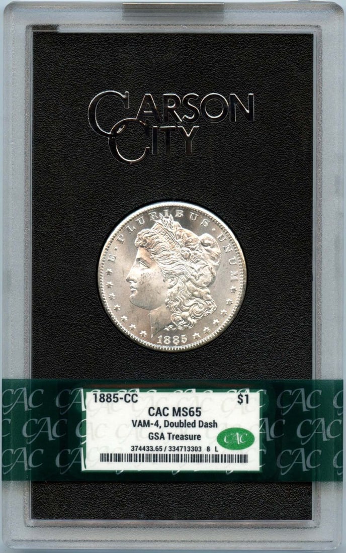 1885-CC Morgan Silver Dollar GSA Hoard CACG MS65 CAC Certified: 1885-CC Morgan Silver Dollar GSA Hoard CACG MS65 CAC Certified This 1885-CC Morgan Dollar is part of the renowned GSA Hoard and features the VAM-4 variety. Certified by CACG and designated MS65, this 