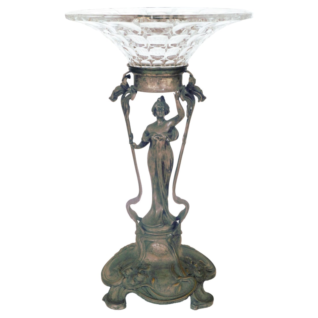 Art Nouveau silver plate female figure light sculpture with glass dish (1 of 3)