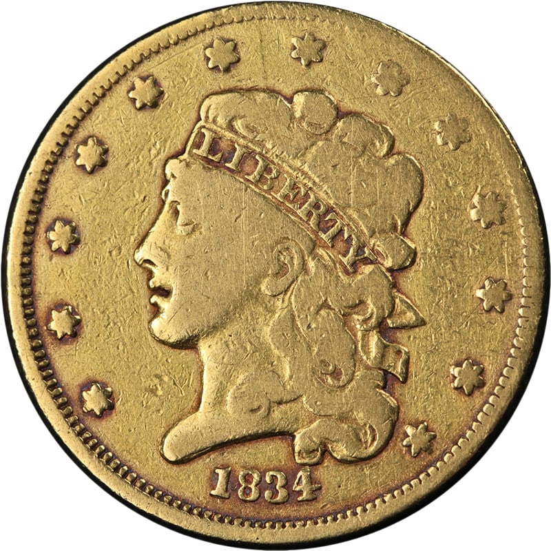 1834 United States Classic Head Gold Five Dollar Coin F VF Details Plain 4: 1834 United States Classic Head Gold Five Dollar Coin F VF Details Plain 4 This 1834 Classic Head Gold $5 Plain 4 coin from the United States features good eye appeal and a well-executed strike. It di