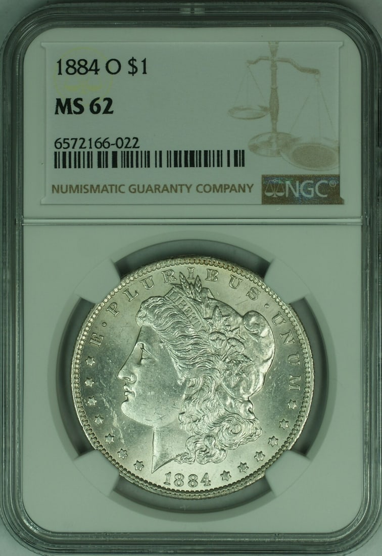 NGC MS62 1884-O Morgan Dollar Silver Coin from New Orleans: NGC MS62 1884-O Morgan Dollar Silver Coin from New Orleans This is an 1884-O Morgan Silver Dollar graded MS-62 by NGC. Minted in New Orleans, this uncirculated coin is composed of silver and carries a