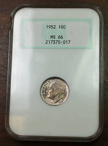 NGC MS 66 1952 Roosevelt 10C Silver Dime: NGC MS 66 1952 Roosevelt 10C Silver Dime 1952 Roosevelt silver dime graded MS 66 by NGC. This United States 10-cent coin is an uncirculated example struck in silver and housed in a protective holder. 