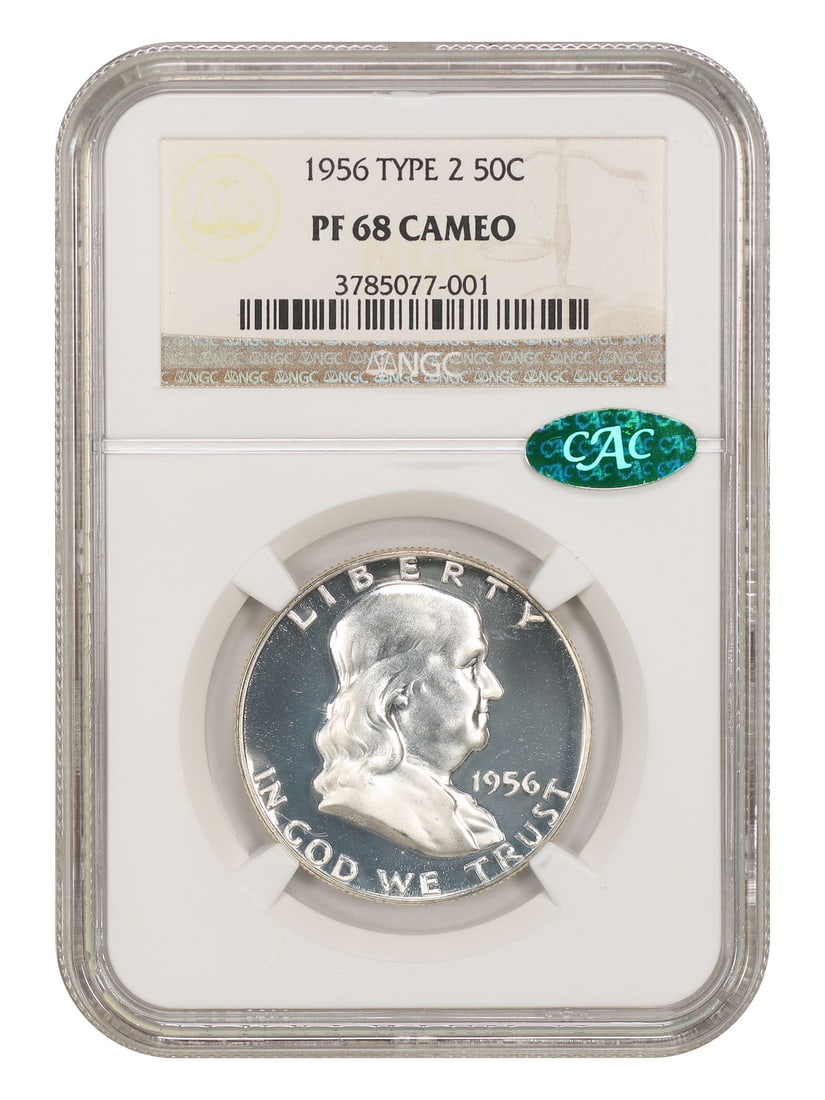 Franklin Half Dollar 1956 50C Type 2 NGC CAC PR68CAM: Franklin Half Dollar 1956 50C Type 2 NGC CAC PR68CAM 1956 Franklin Half Dollar, Type 2, certified by NGC and bearing a CAC designation. This uncirculated example is graded PR68CAM. The 1956 proof mint