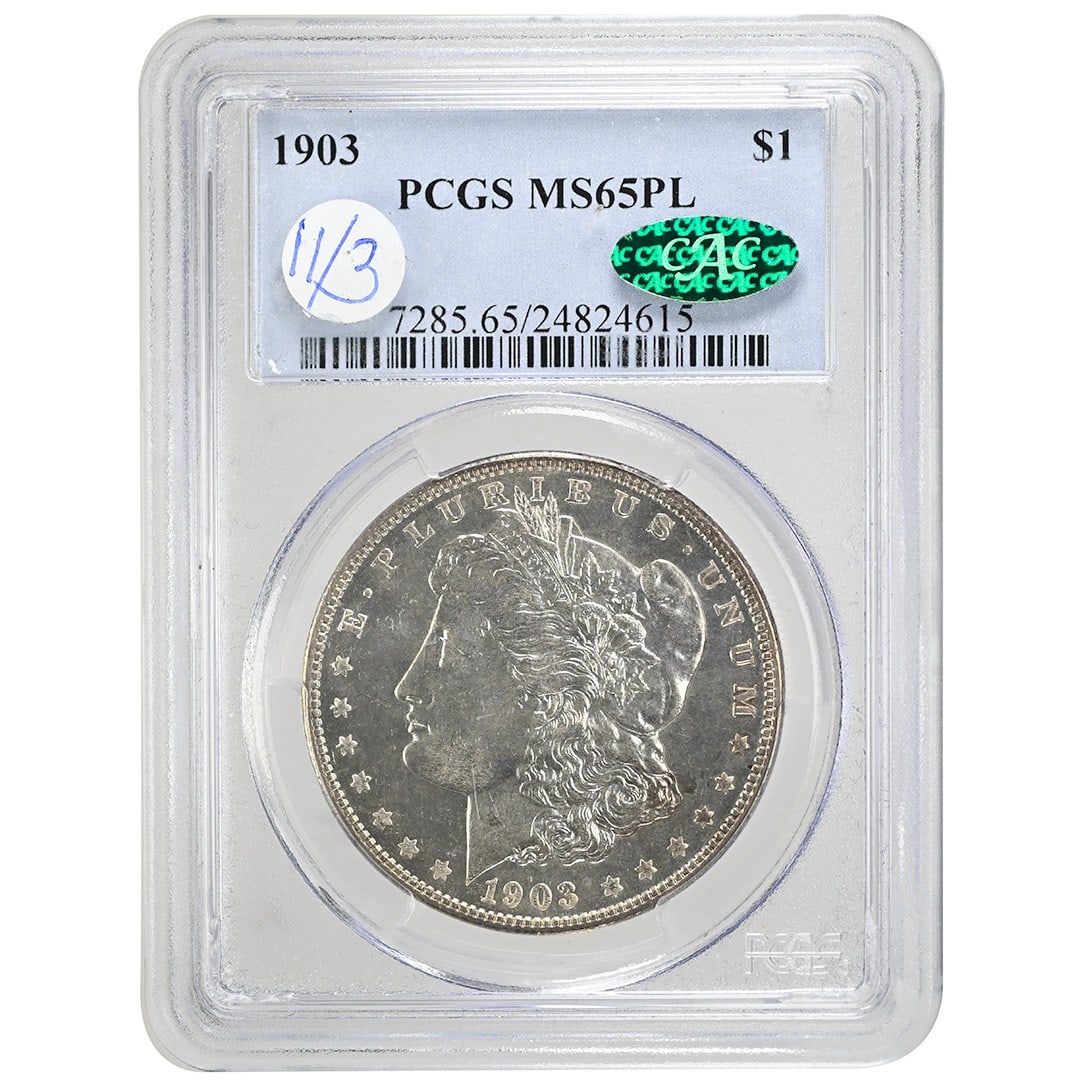 PCGS CAC MS65PL 1903 Morgan Silver Dollar $1: PCGS CAC MS65PL 1903 Morgan Silver Dollar $1 1903 Morgan Dollar silver coin with a proof-like strike, graded MS65PL by PCGS and approved by CAC. This uncirculated example is described as white and lus
