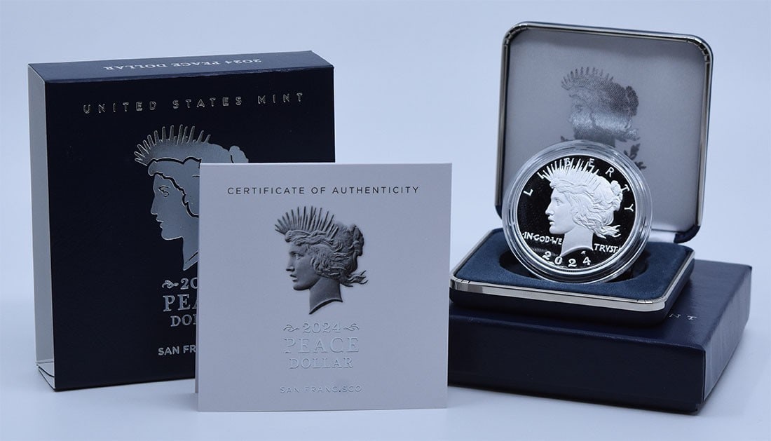 2024 S Proof Peace Dollar Silver $1 with Government Packaging: 2024 S Proof Peace Dollar Silver $1 with Government Packaging 2024-S Peace Silver Dollar presented in original government packaging. This uncirculated proof coin is uncertified and offered as a pre-ow