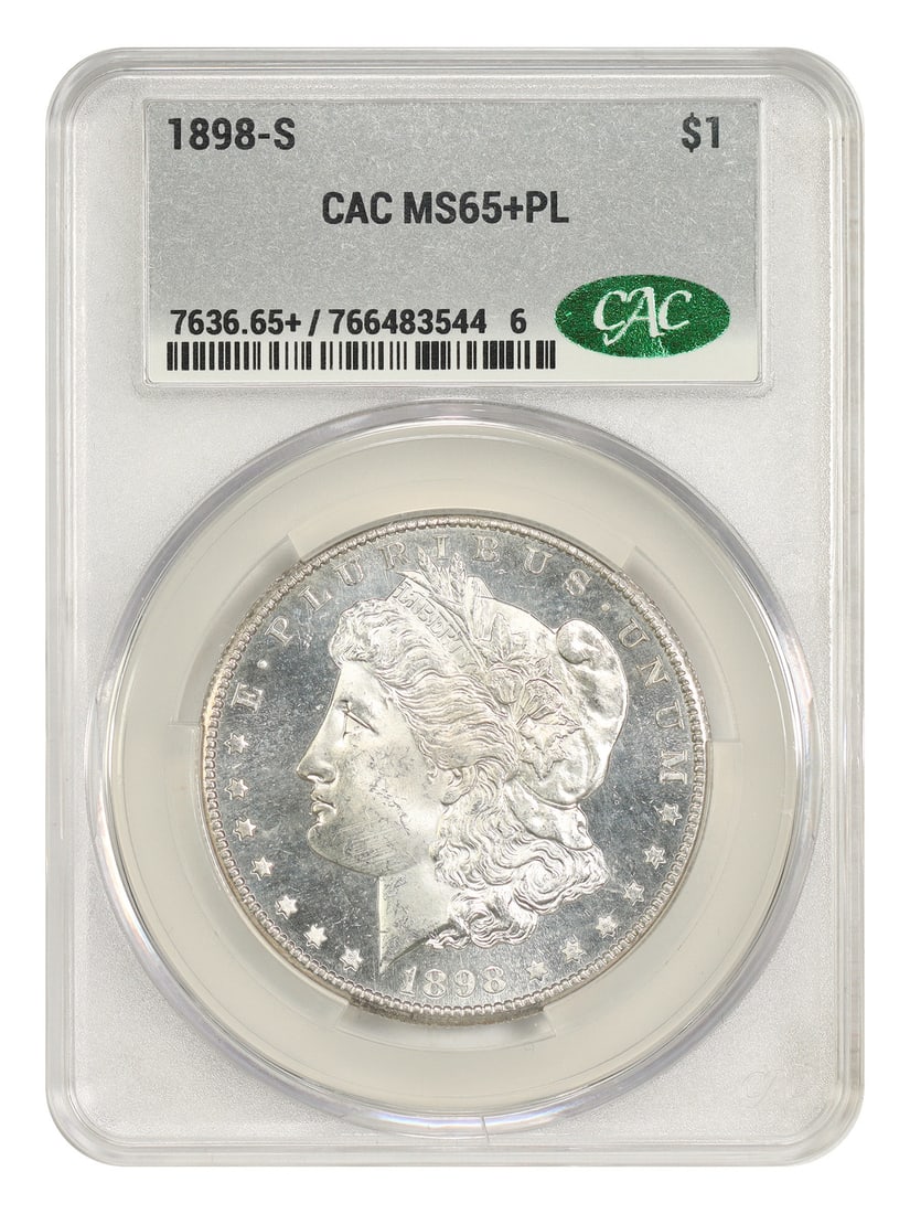 CACG MS65+PL 1898-S Morgan Dollar $1: CACG MS65+PL 1898-S Morgan Dollar $1 1898-S Morgan Dollar $1 certified by CACG as MS65+PL. This uncirculated coin is from the San Francisco Mint and is described as having bright white fields unimpede