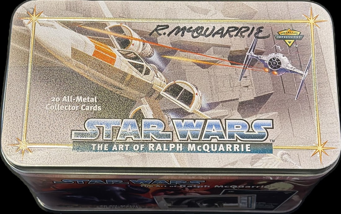 Signed Ralph McQuarrie Star Wars metal collector tin with 20-card set: Signed Ralph McQuarrie Star Wars metal collector tin with 20-card set This is a rare "Star Wars: The Art of Ralph McQuarrie" all-metal collector card tin box, personally hand-signed by renowned Star W
