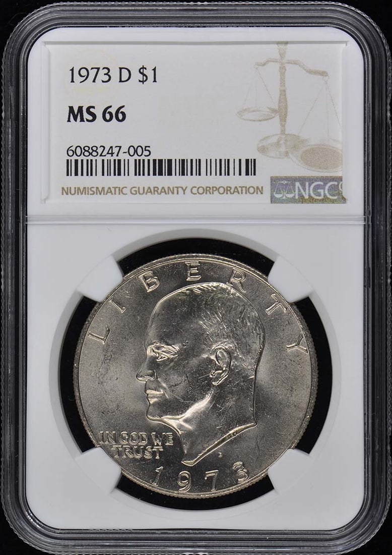 1973-D NGC MS66 Eisenhower Dollar Uncirculated Coin: 1973-D NGC MS66 Eisenhower Dollar Uncirculated Coin This 1973-D Eisenhower Dollar is an uncirculated coin certified by NGC with a high grade of MS66. The coin features the iconic design of the Ike Dol