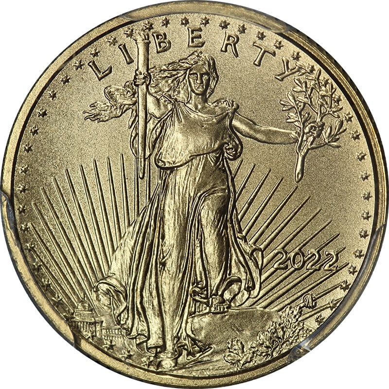 PCGS MS70 First Strike 2022 $5 Gold American Eagle Coin: PCGS MS70 First Strike 2022 $5 Gold American Eagle Coin Original 2022 Gold American Eagle $5 coin certified by PCGS as MS70 First Strike. This uncirculated gold coin is described as having superb eye 
