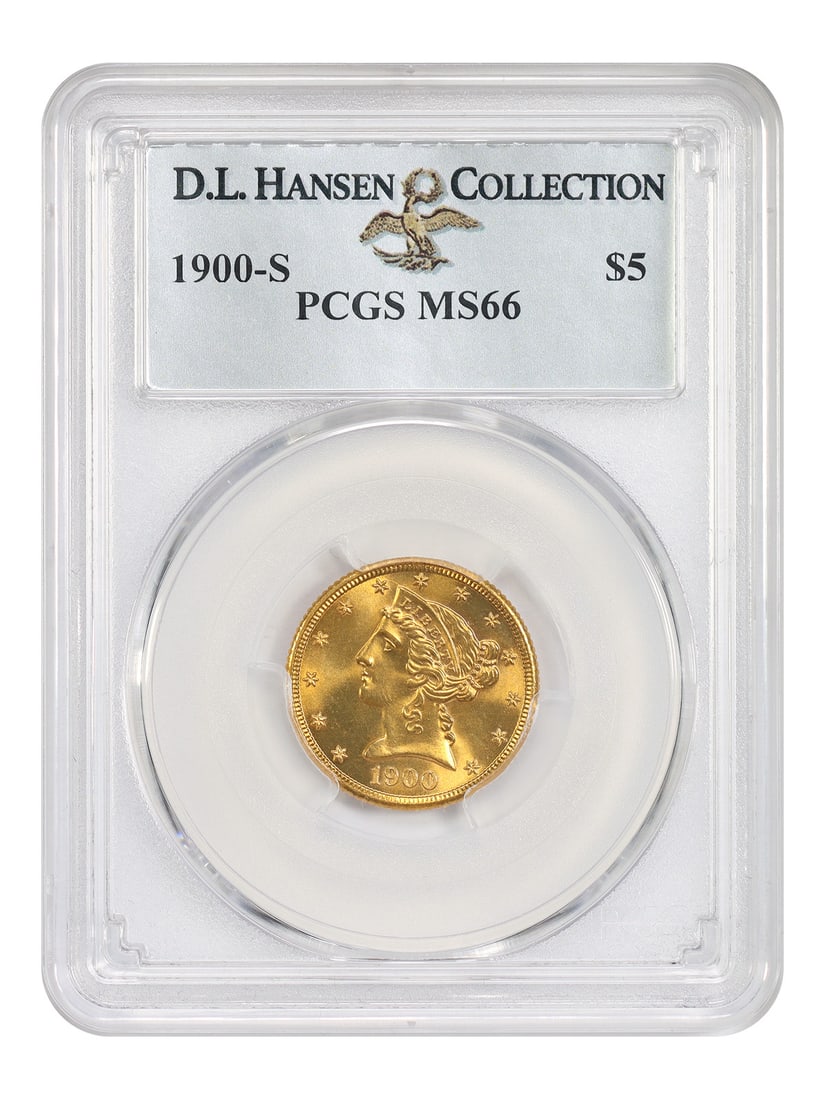 1900-S Liberty Head Half Eagle $5 PCGS MS66 ex D.L. Hansen: 1900-S Liberty Head Half Eagle $5 PCGS MS66 ex D.L. Hansen 1900-S Liberty Head $5 gold coin graded PCGS MS66 and pedigreed ex D.L. Hansen. This uncirculated San Francisco issue is described as many ti