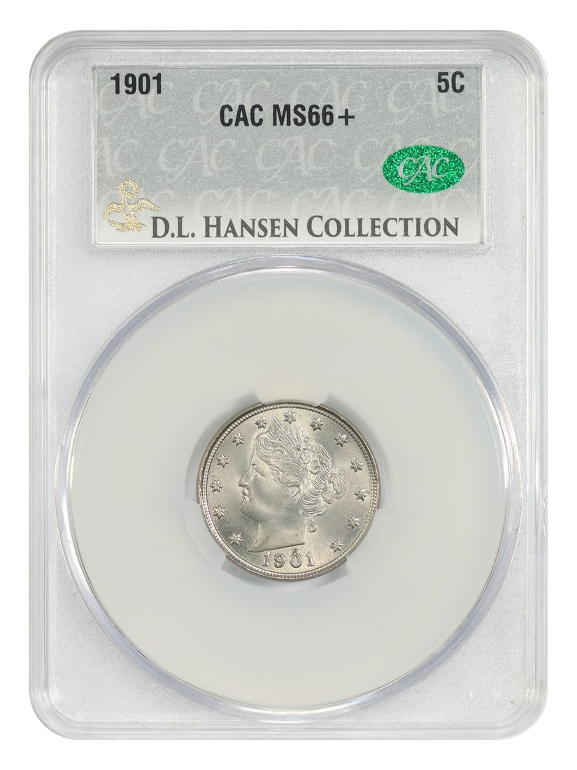CACG MS66+ 1901 Liberty Nickel 5C ex D.L. Hansen: CACG MS66+ 1901 Liberty Nickel 5C ex D.L. Hansen 1901 Liberty Nickel certified by CACG in MS66+ grade and noted as ex: D.L. Hansen. Only 16 examples of this date have been graded finer by PCGS, NGC, a
