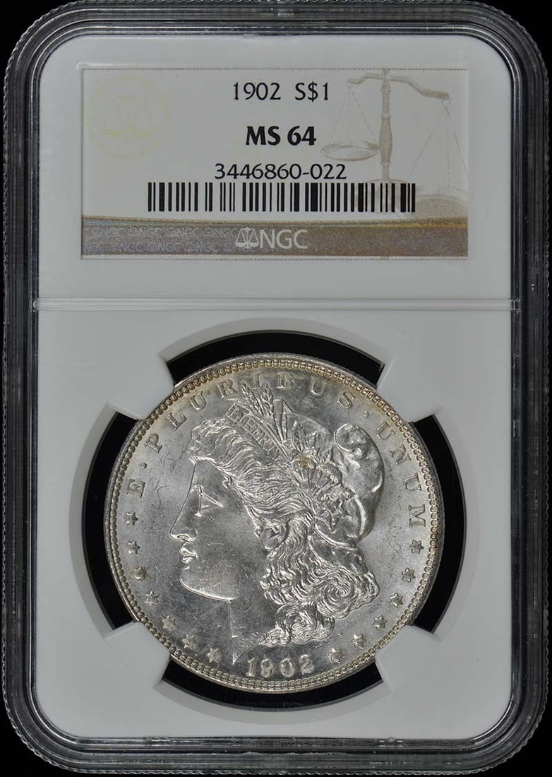 1902 Morgan Dollar S$1 NGC MS64 Uncirculated Philadelphia Coin: 1902 Morgan Dollar S$1 NGC MS64 Uncirculated Philadelphia Coin This 1902 Morgan Dollar is a stunning piece certified by NGC with a grade of MS64, indicating its uncirculated condition. Struck at the P