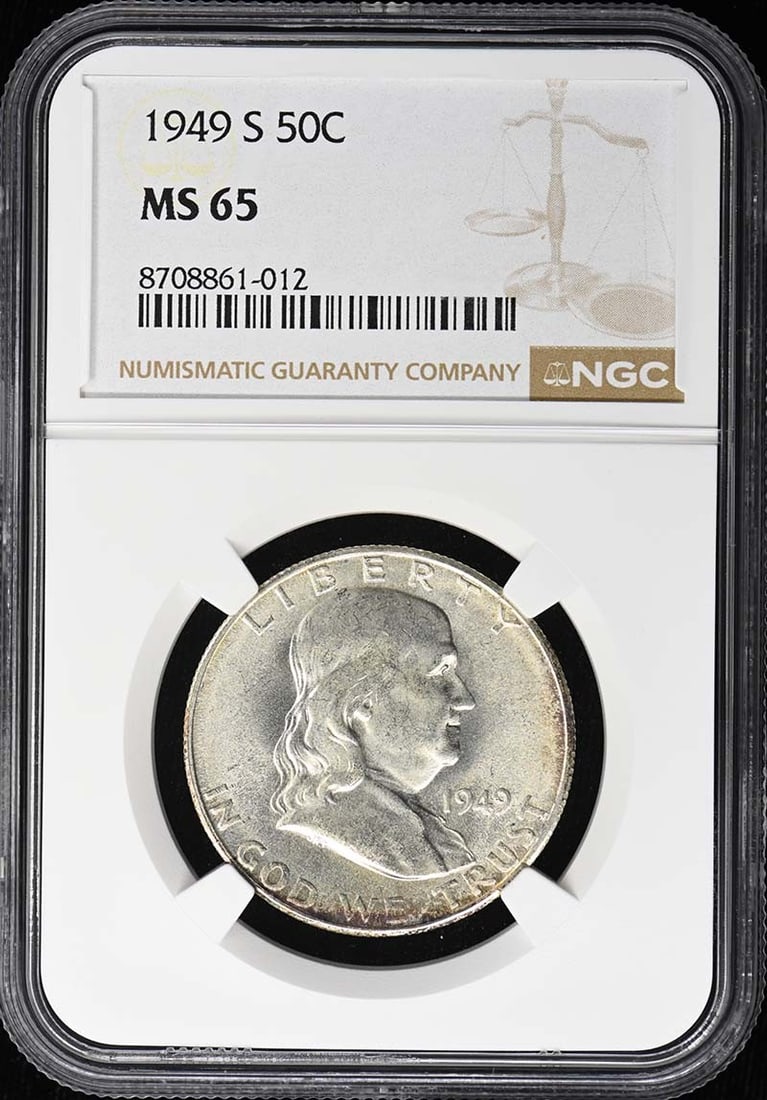 NGC MS65 1949 S Franklin Half Dollar 50C: NGC MS65 1949 S Franklin Half Dollar 50C 1949-S Franklin Half Dollar graded MS65 by NGC. This uncirculated United States coin is a pre-owned example of the Franklin Half Dollar series. Specifications 