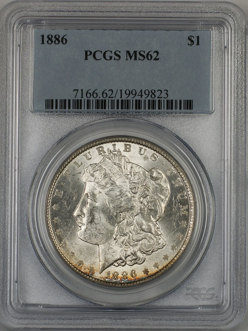 PCGS MS-62 1886 Morgan Silver Dollar with Toned Rim: PCGS MS-62 1886 Morgan Silver Dollar with Toned Rim This is an 1886 Morgan Silver Dollar $1 coin from the United States, certified by PCGS with a grade of MS-62. The coin is uncirculated, features a t