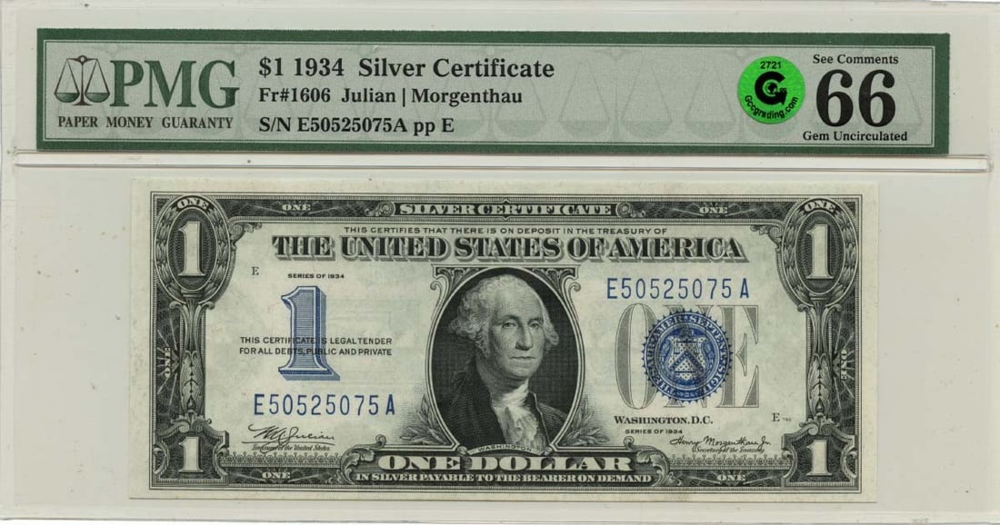 1934 $1 Silver Certificate PMG GEM 66 EPQ Green: 1934 $1 Silver Certificate PMG GEM 66 EPQ Green This 1934 $1 Silver Certificate is a remarkable piece of currency history, certified by PMG with a grade of GEM 66 EPQ. It features the classic design a