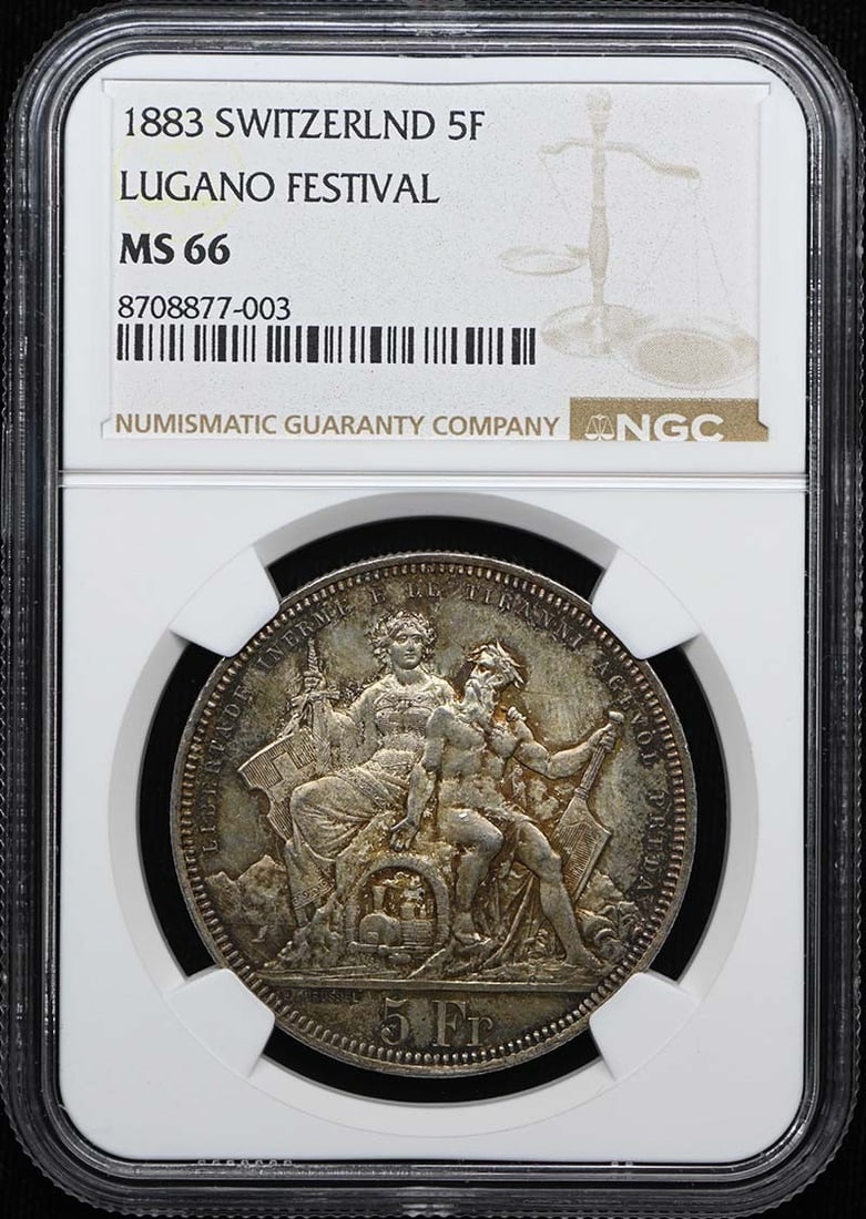 1883 Switzerland Lugano Festival 5F Coin NGC MS66: 1883 Switzerland Lugano Festival 5F Coin NGC MS66 1883 Switzerland Lugano Festival 5F coin certified by NGC and graded MS66. This uncirculated pre-owned coin is identified as Dav-390 and R-1373. Speci