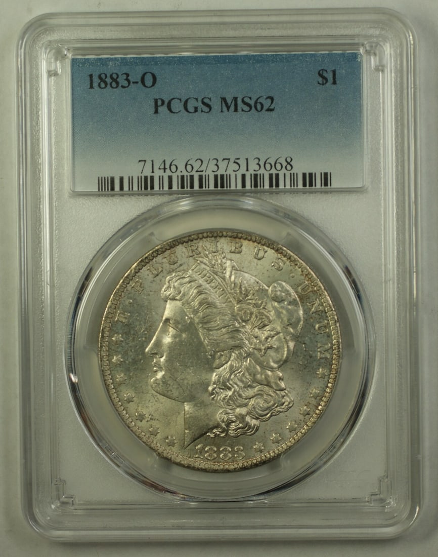 PCGS MS-62 1883-O Morgan Dollar Silver $1 Coin: PCGS MS-62 1883-O Morgan Dollar Silver $1 Coin This is an 1883-O Morgan Silver Dollar graded MS-62 by PCGS. Struck in New Orleans, this uncirculated coin is composed of 90% silver and features the cla