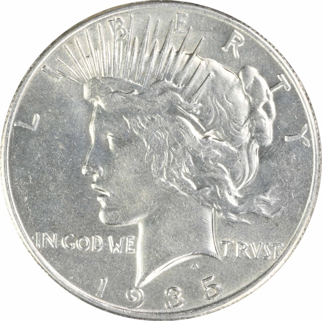 1935 $1 Peace Dollar Silver AU Uncertified Coin: 1935 $1 Peace Dollar Silver AU Uncertified Coin 1935 Peace Silver Dollar in AU slider grade. This pre-owned coin is uncertified and circulated, with a silver composition and $1 denomination. Specifica