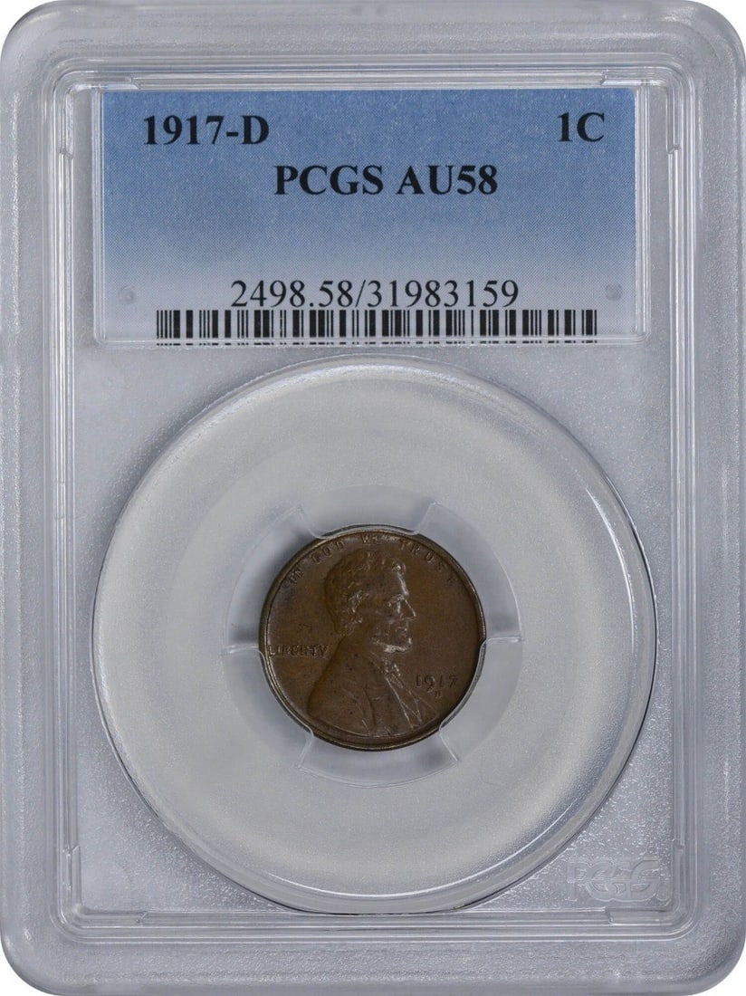 PCGS AU58 1917-D Lincoln Wheat Small Cent: PCGS AU58 1917-D Lincoln Wheat Small Cent 1917-D Lincoln Wheat Small Cent graded AU58 by PCGS. This pre-owned United States copper coin is a circulated example of the classic Lincoln cent series. Spec