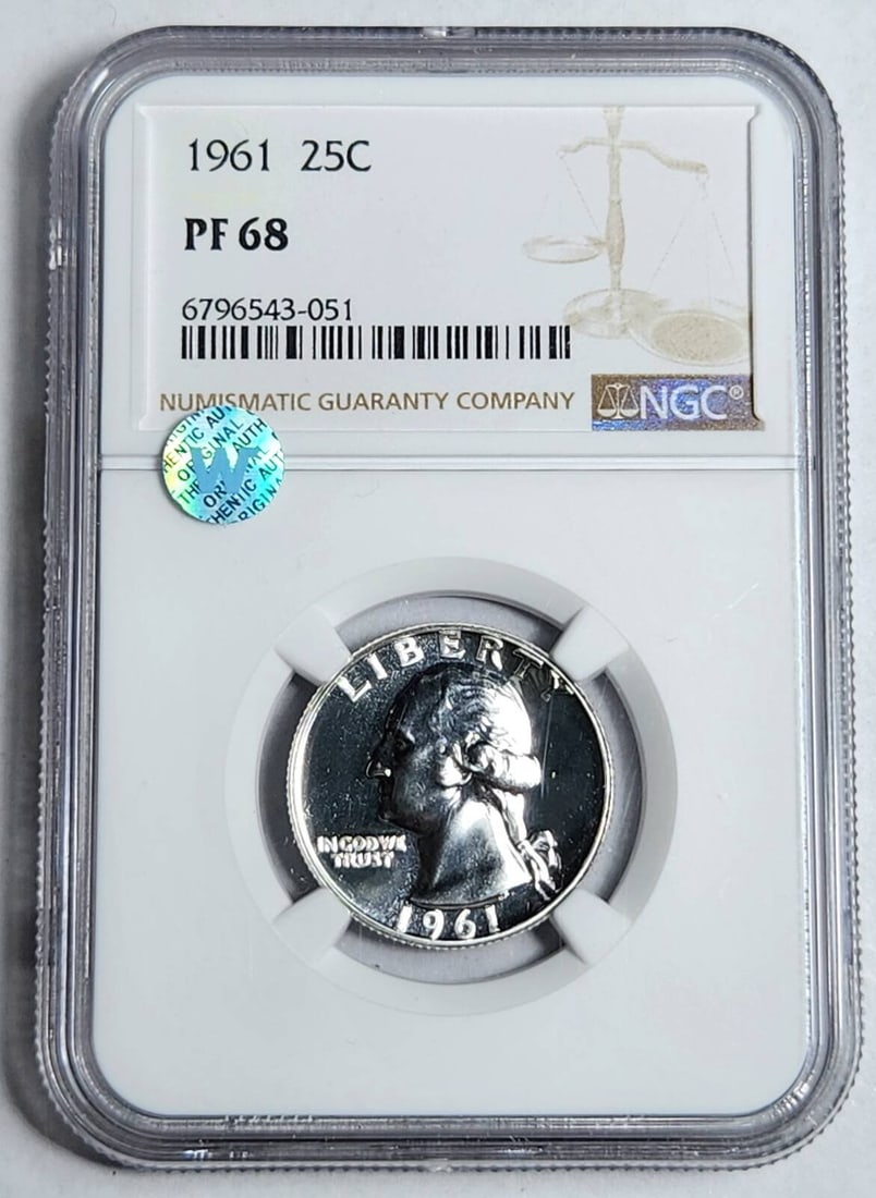 1961 P Washington Quarter NGC PF 68 Proof Silver Coin: 1961 P Washington Quarter NGC PF 68 Proof Silver Coin This 1961 P Washington Quarter is certified by NGC with a stunning Proof 68 grade, ensuring its exceptional quality. Composed of silver, this unci