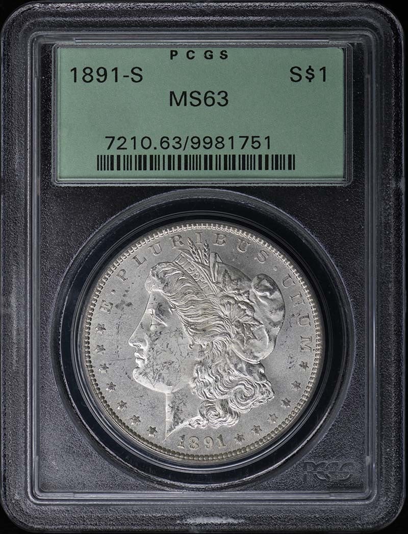 1891-S Morgan Dollar PCGS MS63 Certified Uncirculated: 1891-S Morgan Dollar PCGS MS63 Certified Uncirculated This 1891-S Morgan Dollar is a remarkable piece of numismatic history, certified by PCGS with a grade of MS63. Struck in San Francisco, this uncir