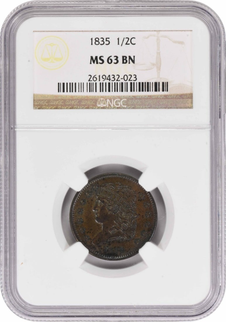 NGC MS63BN 1835 Classic Head Half Cent Copper 1/2C: NGC MS63BN 1835 Classic Head Half Cent Copper 1/2C An 1835 Classic Head Half Cent graded MS63BN by NGC. This uncirculated copper coin is a pre-owned United States issue with denomination of 1/2C and n