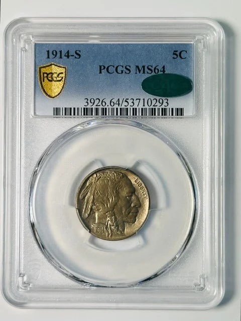PCGS MS64 CAC 1914-S Buffalo 5 Cents Nickel: PCGS MS64 CAC 1914-S Buffalo 5 Cents Nickel 1914-S Buffalo Nickel certified by PCGS and CAC, graded MS 64. This 5 cent coin is composed of nickel and was minted in San Francisco, USA. Condition is pre