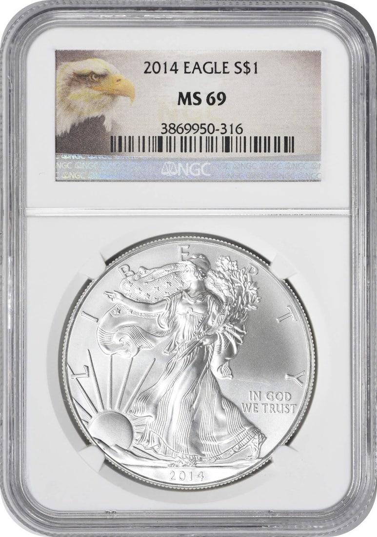 2014 NGC MS69 Silver American Eagle One Ounce Bullion Coin: 2014 NGC MS69 Silver American Eagle One Ounce Bullion Coin This 2014 American Silver Eagle Dollar is graded MS69 by NGC, indicating it is in near-flawless mint state condition. Struck by the U.S. Mint