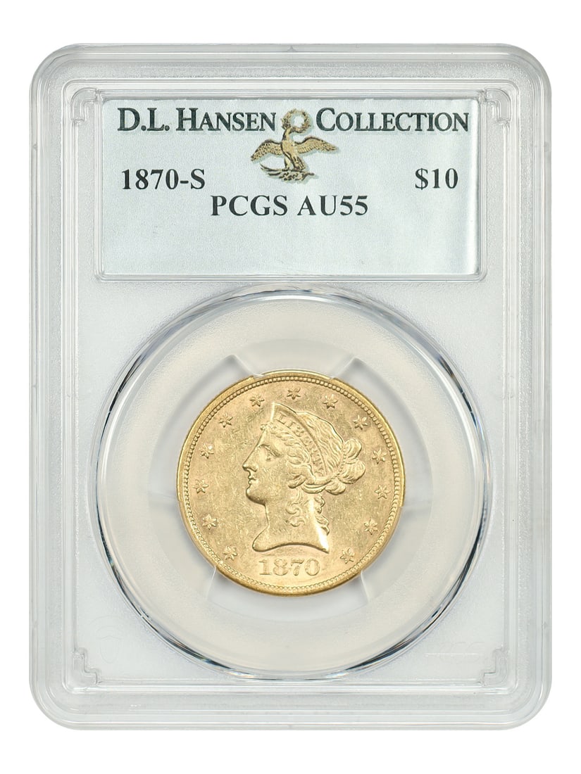 1870-S $10 Liberty Head Gold Coin PCGS AU55 Rare Issue: 1870-S $10 Liberty Head Gold Coin PCGS AU55 Rare Issue This 1870-S $10 Liberty Head coin is graded AU55 by PCGS, featuring a mint location in San Francisco. With a limited mintage of only 8,000 pieces