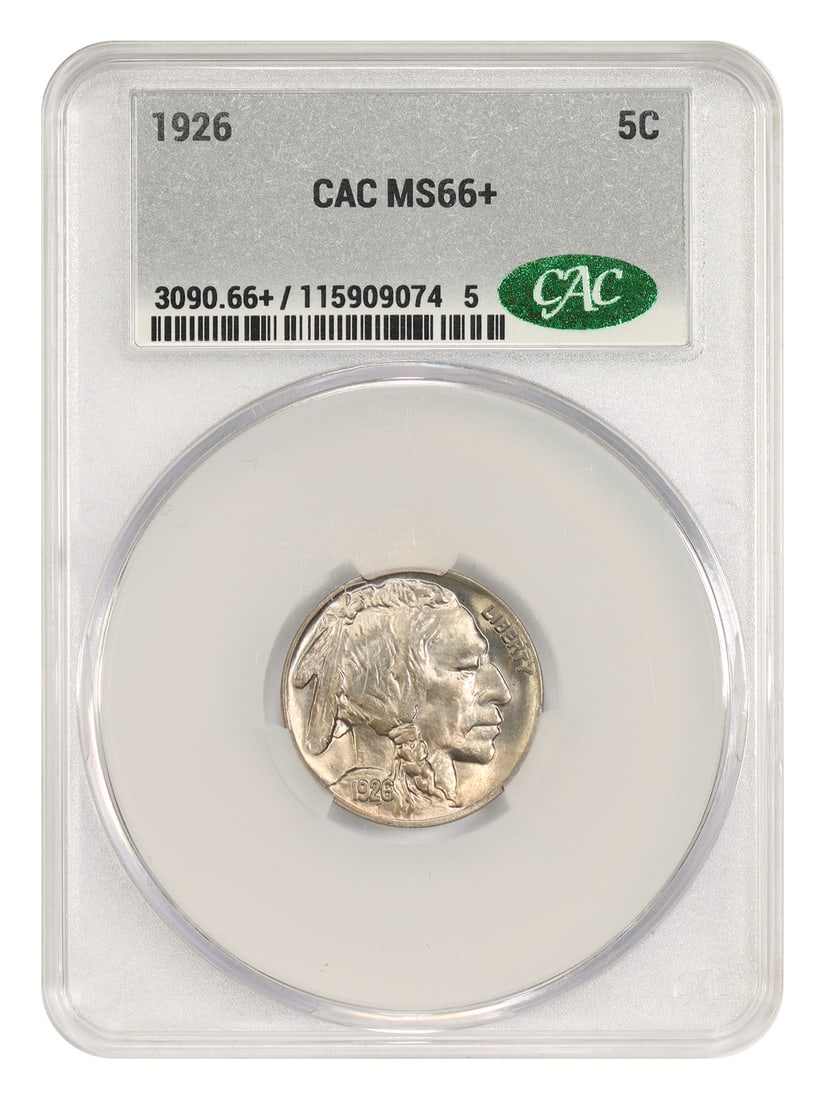 Buffalo Nickel 1926 5C CACG MS66+ Uncirculated: Buffalo Nickel 1926 5C CACG MS66+ Uncirculated 1926 Buffalo Nickel certified by CACG in MS66+ grade. This pre-owned coin is an uncirculated example of the 5C denomination struck in Philadelphia. Speci