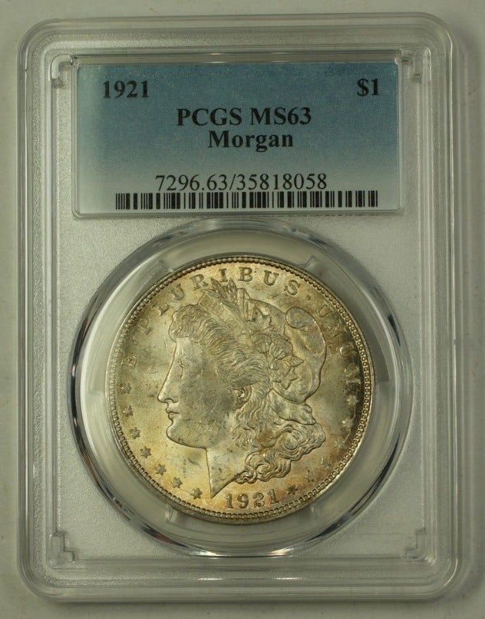 PCGS MS-63 Morgan Silver Dollar 1921 Philadelphia $1 Coin Obverse Toning: PCGS MS-63 Morgan Silver Dollar 1921 Philadelphia $1 Coin Obverse Toning This 1921 US Morgan Silver Dollar features a nicely toned obverse and has been certified by PCGS with a grade of MS-63. The coi