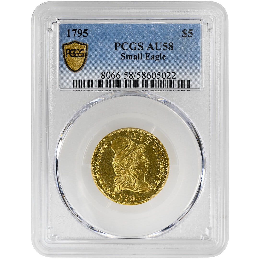 PCGS AU58 1795 United States $5 Gold Small Eagle Draped Bust: PCGS AU58 1795 United States $5 Gold Small Eagle Draped Bust Rare 1795 $5 Small Eagle Draped Bust gold coin, a first-year issue certified by PCGS and graded AU58. This circulated example is described 